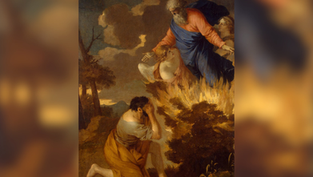 Un hombre se arrodilla frente a una zarza ardiente. Figura celestial al fondo extiende la mano. Escena con tonos cálidos y cielo nublado.