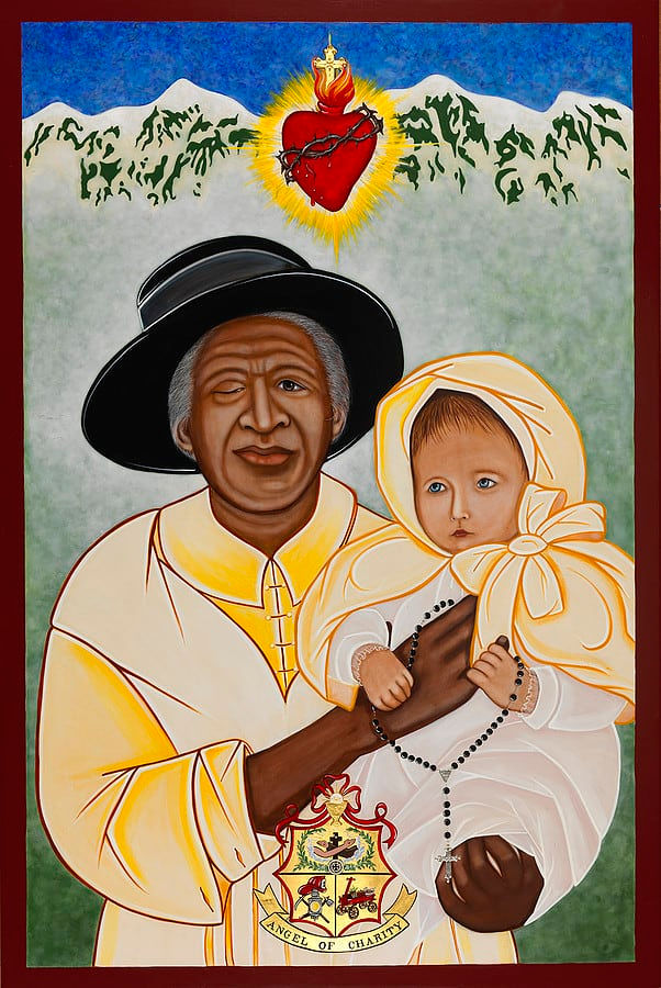 Pintura religiosa: mujer negra con niño, rosario y corazón sagrado; montañas al fondo y escudo con ANGEL OF CHARITY.