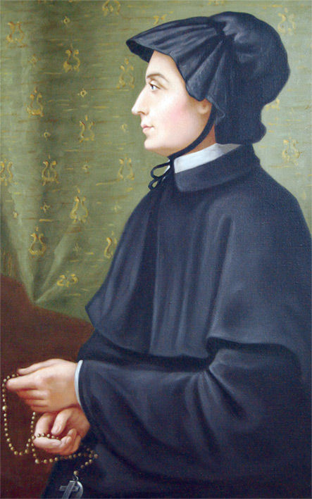 Retrato de mujer de perfil con hábito oscuro y cofia negra, sosteniendo un rosario ante fondo verde estampado.