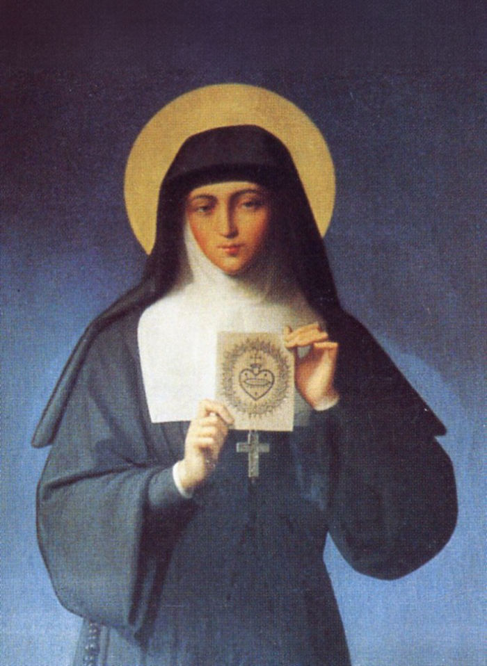 Monja santa con halo dorado sostiene una estampa religiosa y un crucifijo, sobre fondo azul, en pose serena.