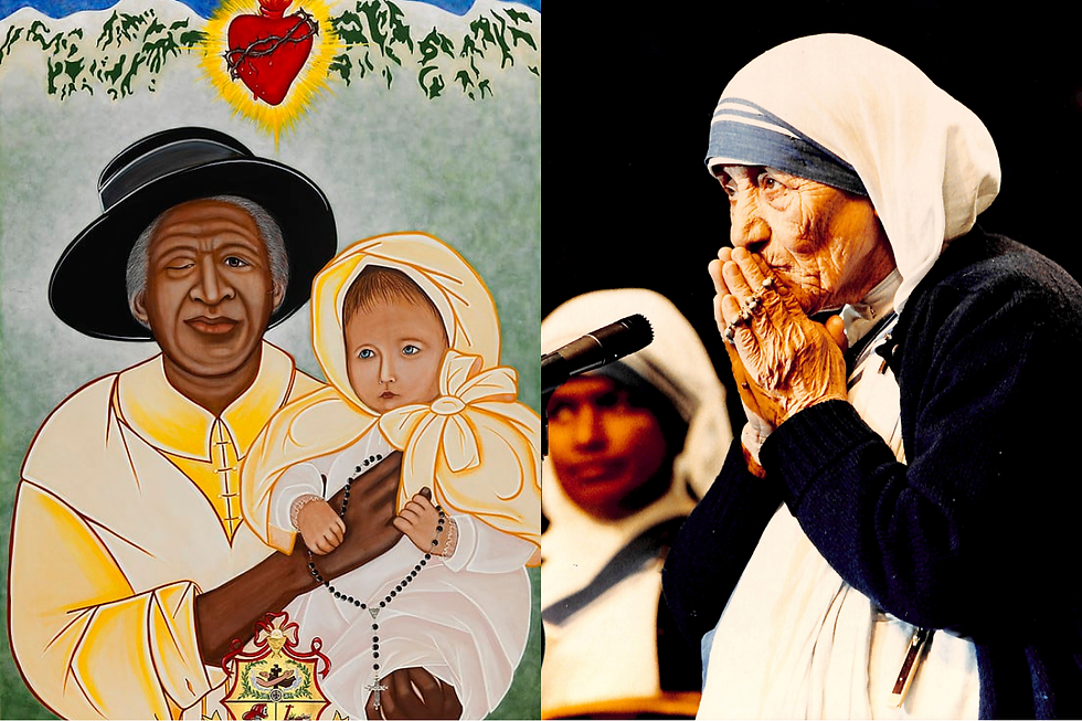 Izquierda: La Sierva de Dios Julia Greeley, conocida en Denver por su profunda caridad. (Foto de archivo de la Arquidiócesis de Denver). Derecha: Santa Teresa de Calcuta reza durante una visita a Denver. (Foto de James Baca/Denver Catholic Register)