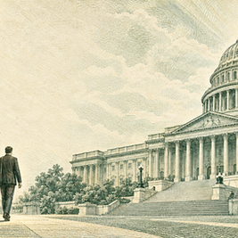 Hombre con traje camina hacia el Capitolio de EE. UU. en una ilustración verde sepia, con escalinatas y cielo nublado