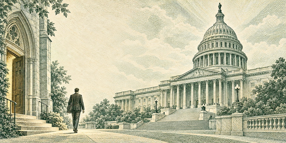 Hombre con traje camina hacia el Capitolio de EE. UU. en una ilustración verde sepia, con escalinatas y cielo nublado